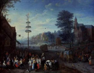 Landsby kermesse med landsbyboere, der danser rundt om en majstang og rejsende på en vej