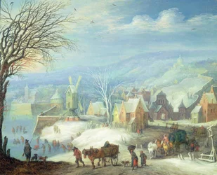 Vinterlandskab med talrige figurer (panel)