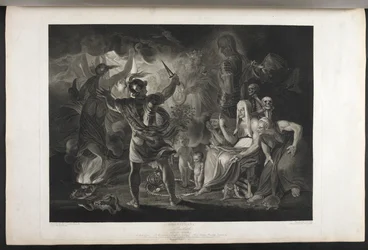 Macbeth.
Fjerde akt. Scene I.
En mørk hule. I midten en gryde, der koger. Tre hekse. Macbeth. Hekate.
Macbeth står over for heksene og skikkelserne; ved hans fødder, inde i en oprullet slange, står et lille blodigt barn og et barn, der bærer en krone og