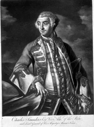 Portræt af admiral Sir Charles Saunders (ca. 1713-75), viceadmiral for den blå eskadre, graveret af James McArdell (ca. 1729-65) (stik)