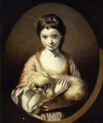 Portræt af frøken Emilia Vansittart, halvlang, iført en lyserød og hvid kjole med en hund, ca. 1767-68