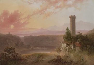 Udsigt over Nemi-søen ved solnedgang, ca. 1840-50