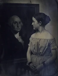 Pige med portræt af George Washington, ca. 1850. Skaber: Josiah Johnson Hawes, Albert Sands Southworth.
