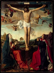 Golgata. Korsfæstelse med Jomfru Maria og Sankt Johannes ved foden af korset. Indskriften "" INRI"" på korset. Maleri af mesteren af San Sebastian eller Josse Lieferinxe (aktiv fra 1493 til 1505)