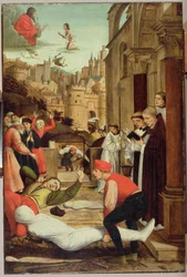 Sankt Sebastian går i forbøn for de pestsyge, 1497-99