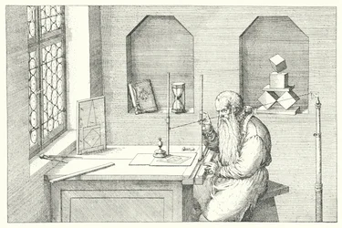 Tysk guldsmed, kunstner og ætser Wenzel Jamnitzer i sit atelier (gravering)