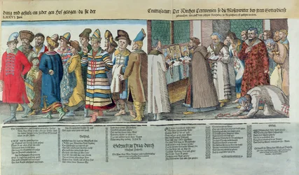 Den store ambassade for Ivan IV (1530-84) i Rusland til den hellige romerske kejser i Regensburg i 1576 (farvet træsnit) (detaljer)