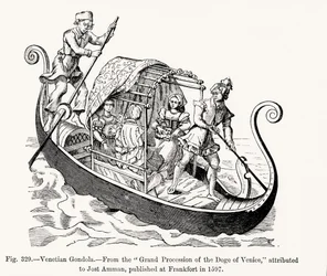 Venetiansk gondol, fra Grand Procession of the Doge of Venedig, illustration fra videnskab og litteratur i middelalderen og renæssancen, skrevet og indgraveret af Paul Lacroix, 1878 (