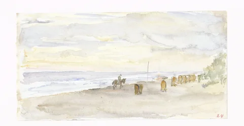 Strandudsigt med rytter og strandstole