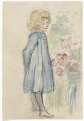 Stående pige ved et blomsterbed