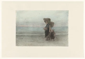Kvinde med barn, der går på stranden