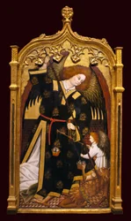 Ærkeenglen Sankt Michael. Maleri tilskrevet Juan Hispalense (1400-tallet), olie og guld på træ, ca. 1480. Museum of Fine Arts i Sevilla, Spanien.