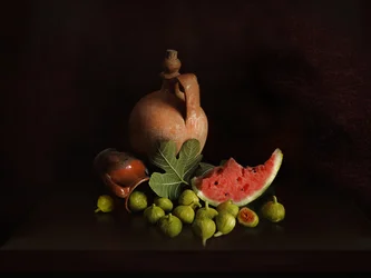 Stilleben med figner og vandmelon