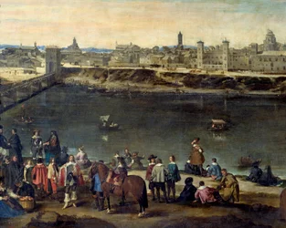 Udsigt over byen Zaragoza (Zaragoza) i 1646 Detalje, der repræsenterer herrer og handlende langs floden. Maleri af Juan Bautista del Mazo (1612-1667) 1646 Madrid, Prado Museum