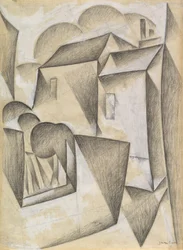 Huse i Paris, Place Ravignan, 1911 (sort kridt og gouache på hvidt papir)