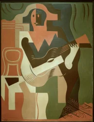 Siddende harlekin med guitar