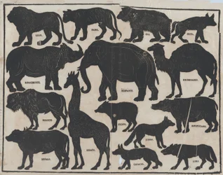 Ark 5 med figurer til kinesisk skyggespil, ca. 1850-70.