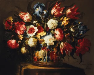 Blomster i en kurv på en stenafsats,