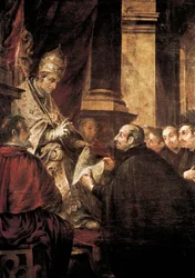 Sankt Ignatius af Loyola modtager jesuiterordenens bulle fra pave Paul 3.