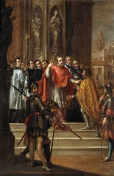 Skt. Ambrosius nægter kejser Theodosius indgangen til kirken, ca. 1673 (olie på lærred)