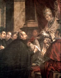 Sankt Ignatius modtager den pavelige bulle om grundlæggelsen af Jesu Selskab (jesuitterne) fra pave Paul III