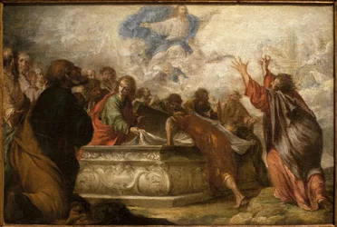 Jomfruens antagelse. Maleri af Juan de Valdes Leal (1622-1690), olie på lærred, ca. 1680. Museum of Fine Arts i Sevilla, Spanien.