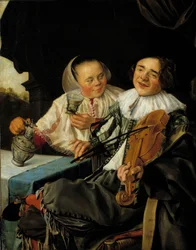 Det muntre selskab: En violinist og en kvinde serverer et glas vin for ham, begge berusede. Maleri af Judith Leyster (1609-1660)