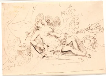 Hvilende Venusfigur, omgivet af seks putti, der leger med sværd, pil og hjerte