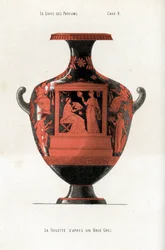 Græsk vase, der dekorerer en kvinde på et toilet, der holder en æske med kosmetik og parfume assisteret af en slave, der vinker med en vifte