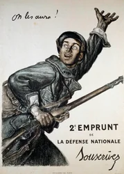 Første Verdenskrig (1914-1918): plakat af Abel Faivre (1867-1945) for det nationale lån. En soldat opfordrer offentligheden til at abonnere på det "Vi får dem!" - 2nd Loan de la Defense Nationale - Abonner”