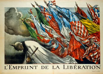 Første Verdenskrig: “Befrielsens lån”, Vilhelm II (1859 - 1941) bukkede under allierede flag. Illustration af Abel Faivre (1867-1945)