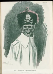 Illustration af Abel Faivre (1867-1945) i "" Fantasio"", 01/05/15 - Den taknemmelige Hussard - War of 14 -18, Tyskland Preussisk - William II, Reaper/Kammerat - Døden, FacesRiantes