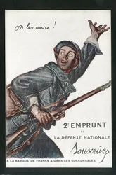 Postkort, satirisk i farver: War of 14 -18, Lån, Patriotiske Rejser - Soldater Illustration af Abel Faivre (1867-1945)