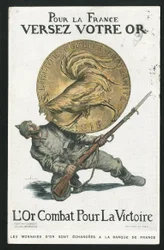 Postkort, Satirique en Colours, ca. 1915: Til Frankrig, hæld dit guld - 14-18-krigen, Tyskland Preussen, Sølv, krigerister og symboler, Sejr, Lån, Rejser patriotiske - Hane - Illustration af Abel Faivre (1867-1945)