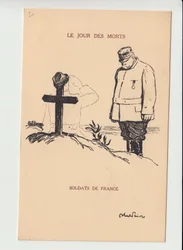 Postkort, Satirique en N & B, ca. 1915: De dødes dag - 14. -18. krigen, Mourning Obseques Funerailles - Joffre, Soldater Illustration af Abel Faivre (1867-1945)