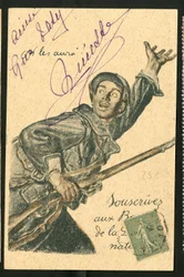 Postkort: Tegn nationale forsvarsobligationer - Krigen 14 -18, krigsførende parter og symboler, lån, patriotiske dage - Illustration af Abel Faivre (1867-1945)