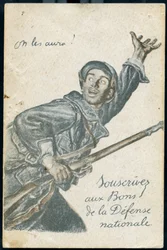 Postkort til tegning af det nationale forsvarslån, der viser en soldat på vej til fronten, mens han råber: "Vi skal nok få dem!"