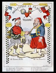 Entente cordiale mellem Frankrig og Storbritannien: karikaturer af præsident Loubet (1838-1929) og kong Edward VII (1841-1910), illustration fra “Le Rire”, 1903