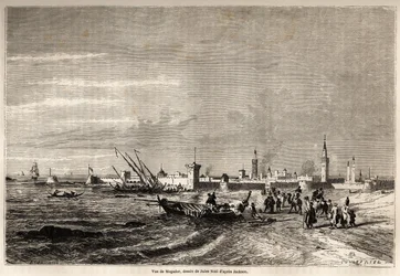 Udsigt til Essaouira (Trainly Mogador), tegning af Jules Noel (1810-1881), for at illustrere Mr.F. Schicklers rejse til Marokko i 1860. Enggraving in “” le Tour du Monde, New Journal des Voyages ”” Paris