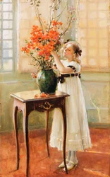 En ung pige, der arrangerer forårsblomster