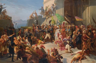 Guerre anglo-turque - guerres napoleoniennes - Sultan Selim III (1761-1808) på besøg hos general Horace Sebastiani (1772-1851) under forsvaret af Konstantinopel mod den britiske flåde, februar 1807 par Rigo, Jules Vincent (1810-1892). Olie på lærred, str
