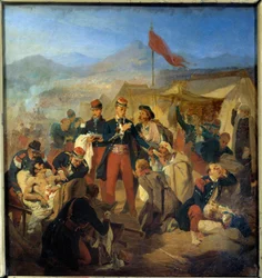 Krimkrigen: Militærkirurgen Scrive behandler de sårede efter slaget ved Inkerman den 5/11/1854. Maleri af Jules Rigo (1810-1892), 1854, Musée du Val-de-Grâce, Paris