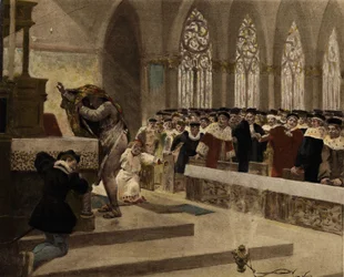 En Cordelier, der forsøger at tage sin daggry af, viser sin ryg ved en messe for hoffet foran Panurges øjne. Pantagruel. Illustration af Jules Garnier. I "Rabelais et l