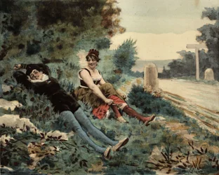 En pariser og en picard sidder på græsset. Pantagruel. Illustration af Jules Garnier. I "Rabelais et l
