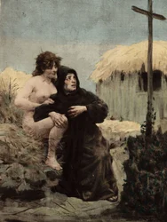 En eremit fra Thebaide og en kvinde foran et kors. Pantagruel. Illustration af Jules Garnier. I "Rabelais et l