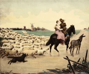 Et palæ og en hyrde på en hest. Et æsel har deres ret. Fårene og den næste hyrdehund. Pantagruel. Illustration af Jules Garnier. I "Rabelais et l