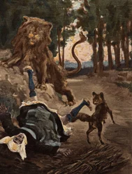 En kvinde samler træ i Bievre-skoven og bliver skræmt af en løve og en ræv. Pantagruel. Illustration af Jules Garnier. I "Rabelais et l