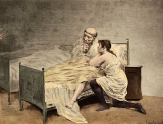 En ung pige skrifter til broder Royddimet, mens hun sidder i sin seng. Pantagruel. Illustration af Jules Garnier. I "Rabelais et l