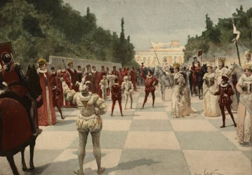 Bal arrangeret af dronningen i form af et skakspil, hvor bønderne er mennesker. Kongeriget Entelechie. Pantagruel. Illustration af Jules Garnier. I "Rabelais et l