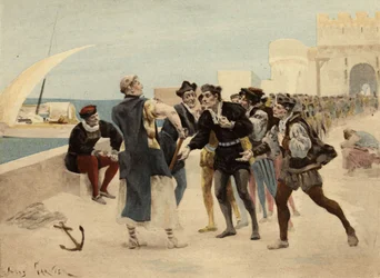 Broder Jean, munk i Seuille-klosteret, tilbyder 20 ecus guld til chiquanous for den, der vil acceptere at blive slået. Pantagruel. Illustration af Jules Garnier. I "Rabelais et l